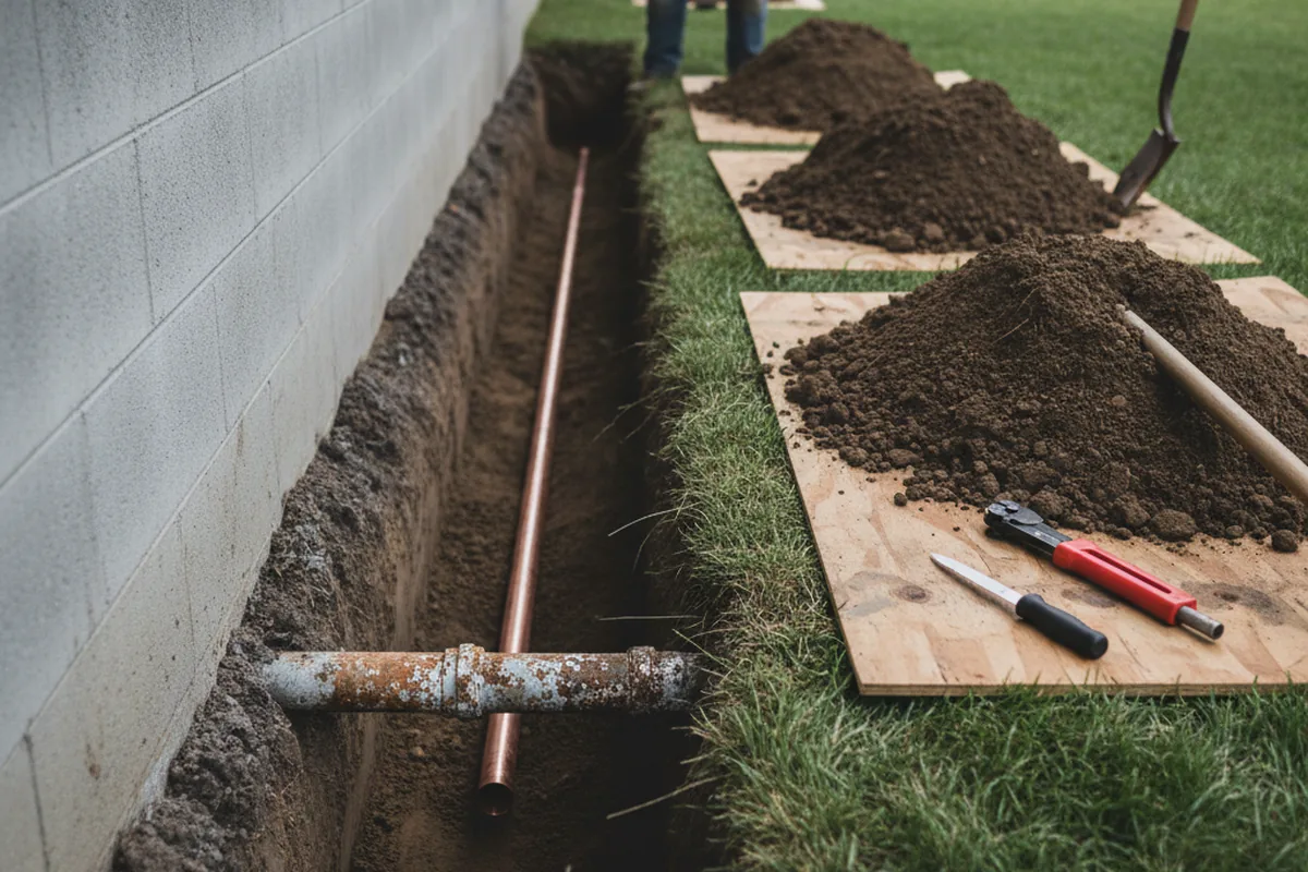 Excavated water line trench during Sewer Line Repair in Clearfield